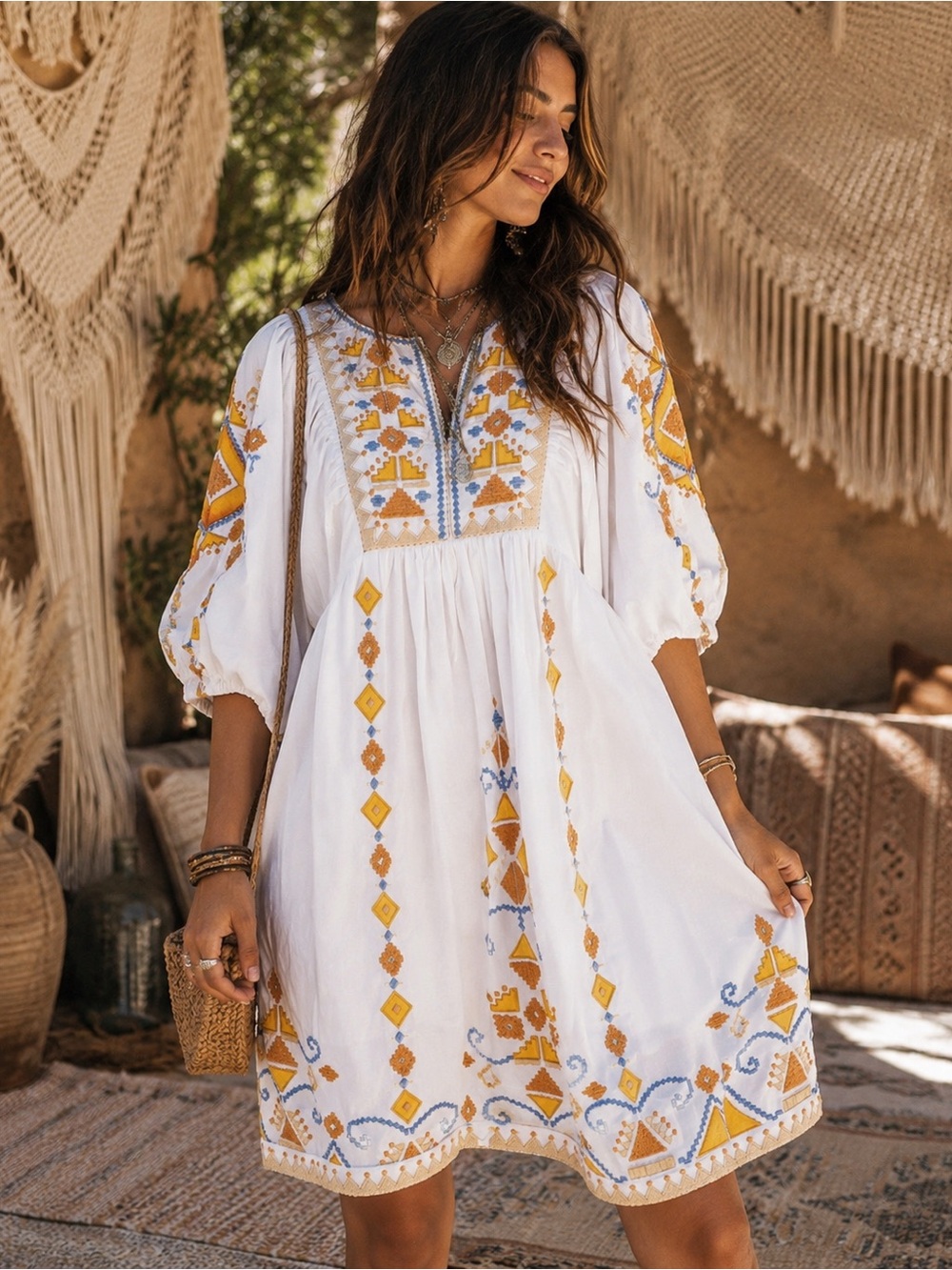 Scarlett Poppies Cotton Mini Dress XS Tribal Embroidery Puff Sleeve Boho Resort